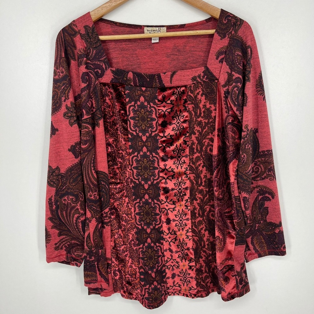 One World Womens Red Paisley Velvet Panel Square Neck Long Sleeve Top Large Y2K